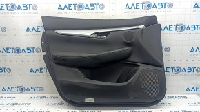 Black front left door panel for Infiniti QX50 19-22, black leather insert, black leather armrest, gray stitching, glossy gray molding, with backlight, with handle, dented, scratches