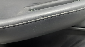 Black front left door panel for Infiniti QX50 19-22, black leather insert, black leather armrest, gray stitching, glossy gray molding, with backlight, with handle, dented, scratches