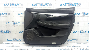 Black front right door panel for Infiniti QX50 19-22, black leather insert, black leather armrest, gray stitching, silver molding, with handle, scratches