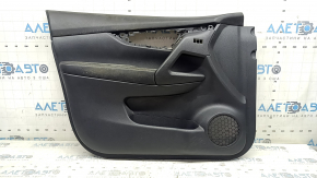 Front left door panel for a 17-20 Nissan Rogue, black with black plastic insert, leather armrest, needs cleaning, scratches
