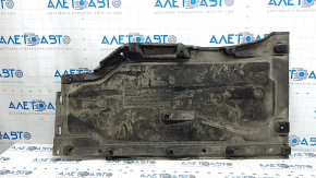 The left underbody protection of the Audi A5 F5 18-18 5D is pressed and worn.