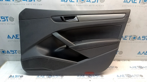 Door trim, front right, VW Passat b7 12-15 USA, black with black leather insert, leather armrest, glossy gray molding, dented, missing fragment, cracks