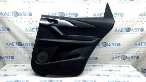 Mazda CX-9 16-23 black rear right door panel with black leather insert, black leather armrest, gray molding, structure, scuffs, scratches, dents