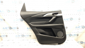 Mazda CX-9 16-23 black rear left door panel with black velour insert, black leather armrest, gray molding, scuffs, scratches