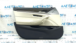 Front left door panel for BMW 5 G30 17-20, black, beige elfenbein-weiss leather, dark wood insert, chrome, beige leather armrest, with backlight, with speaker grille, with handle, armrest handle defect, broken mount