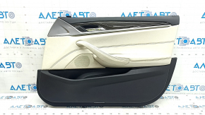 Front right door panel trim BMW 5 G30 17-20 black, beige elfenbein-weiss leather, dark wood insert, chrome, beige leather armrest, with backlight, with speaker grille, with handle