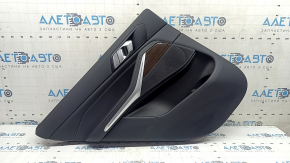 Door trim, rear left, BMW X5 G05 19-22, black leather, without curtain, Fineline Stripe wood insert, black leather armrest, with handle and overlays, dent, scratches