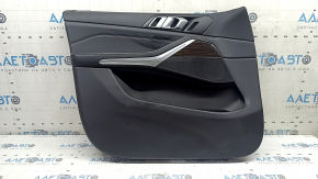 Door trim, front left, BMW X5 G05 19-23, black leather, Fineline Stripe wood insert, black leather armrest, with handle and overlays, scratches, dents, burns