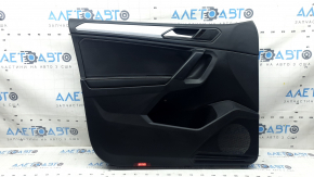 Black front left door panel for a VW Tiguan 22-24, black leather armrest with white stitching, black leather insert, gray molding, with handle, with a squeaker, worn, scratches