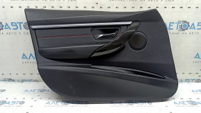 Front left door panel assembly for BMW 3 Series F30 12-18, black, armrest and insert, black leather, red stitching, chrome molding, dark wood trim, with handle, backlit, dented