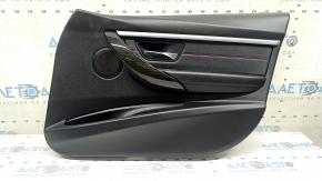 Front right door panel assembly for BMW 3 Series F30 12-18, black, armrest and insert in black leather, red stitching, chrome molding, dark wood trim, with handle, backlit, dents