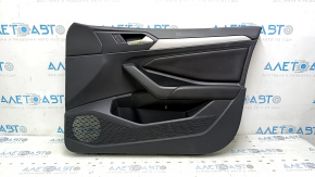 Black front right door panel for a 19-21 VW Jetta, with black leather insert, leather armrest, gray type 2 molding, with handle, scratches, dents, tears
