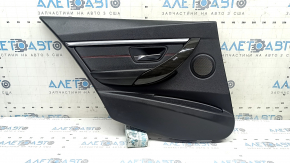 Rear left door panel assembly for BMW 3 Series F30 12-18, black, armrest and insert, black leather, red stitching, chrome molding, dark wood trim, with backlight, with handle, tear, dents, scratches