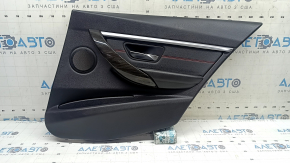 Black rear right door panel, complete BMW 3 F30 12-18, armrest and insert, black leather, red stitching, chrome molding, dark wood trim, with backlight, with handle, scratches