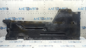 Right underbody protection for BMW 3 F30 4d 12-18 is worn, torn, and dented.