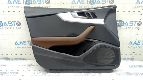 Front left door panel for Audi A5 F5 18-19 5D, black, black leather insert, brown leather armrest, aluminum trimaran molding, with handle, scratches, needs cleaning