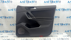 Black front right door panel for a VW Tiguan 18-20, with a buzzer, black fabric armrest, fabric insert, black chrome insert, with a handle, scratches, peeling handle cover, needs cleaning, dent