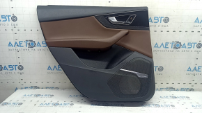 Black door panel, rear left, Audi Q7 16-19, brown leather insert, glossy black and dark wood trim, BOSE, under the curtain, brown leather armrest, with handle, scratches, dent