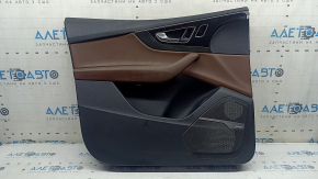 Black front left door panel for an Audi Q7 16-19, brown leather insert, glossy black and dark wood trim, BOSE, brown leather armrest with handle, scratches, dent