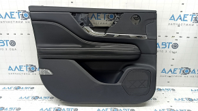 Lincoln Corsair 2020 front left door panel, black, premium speakers, black leather armrest with gray stitching, chrome handle and molding, scratches
