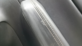 Mazda CX-5 17-23 black rear right door panel with black leather insert, black leather armrest, dark wood molding, scuffs, scratches on the molding