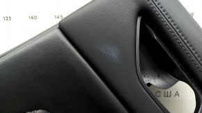 Mazda CX-5 17-23 black rear right door panel with black leather insert, black leather armrest, dark wood molding, scuffs, scratches on the molding