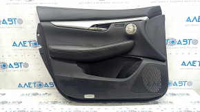 Black front left door panel for Infiniti QX50 19-22, black leather insert, black leather armrest, gray stitching, glossy gray molding, with backlight, with handle, dented, scratches
