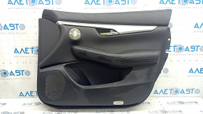 Black front right door panel for Infiniti QX50 19-22, black leather insert, black leather armrest, gray stitching, silver molding, with handle, scratches