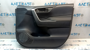 Front right door panel for Toyota Rav4 19-24 black, black leather armrest, black plastic insert, chrome molding, scuffs, dented leather