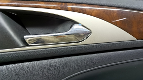 Door trim, rear right card, Lincoln MKZ 17-20, black with black leather insert, black leather armrest, glossy brown wood insert, under the tweeter, with backlight, with handle, scratches, tears,