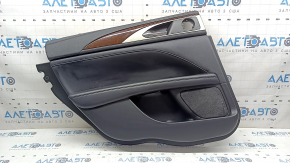 Lincoln MKZ 17-20 black rear left door panel with black leather insert, black leather armrest, glossy brown wood insert, Revel tweeter, illuminated, with handle, cracked wood insert