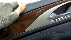Lincoln MKZ 17-20 black rear left door panel with black leather insert, black leather armrest, glossy brown wood insert, Revel tweeter, illuminated, with handle, cracked wood insert