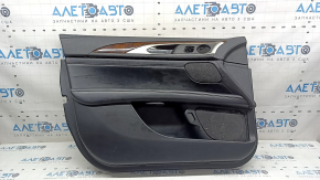 Door panel, front left, Lincoln MKZ 17-20, black with black leather insert, black leather armrest, glossy brown wood insert, with backlight, with handle, scratches, tears, dents