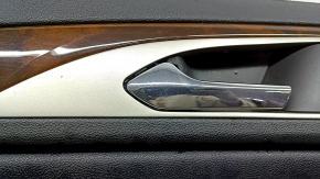Door panel, front left, Lincoln MKZ 17-20, black with black leather insert, black leather armrest, glossy brown wood insert, with backlight, with handle, scratches, tears, dents