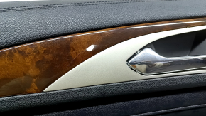 Door panel, front left, Lincoln MKZ 17-20, black with black leather insert, black leather armrest, glossy brown wood insert, with backlight, with handle, scratches, tears, dents