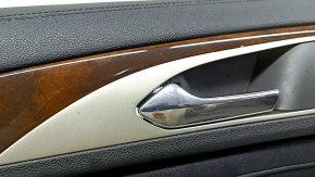 Door panel, front left, Lincoln MKZ 17-20, black with black leather insert, black leather armrest, glossy brown wood insert, with backlight, with handle, scratches, tears, dents