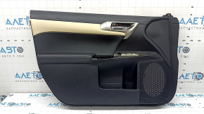 Front left door panel for Lexus CT200h 14-17 black, black leather armrest, beige leather insert, beige molding, chrome handle, scratches, worn, dented