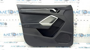 Front left door panel assembly for Audi Q3 83A 19-25, black, black leather insert, black leather armrest, chrome moldings, dents, needs cleaning