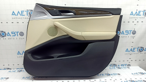 Door trim, front right, BMW X3 G01 18-21, beige leather, beige leather insert, gray stitching, dark oak Perlglanz Chrom wood insert, with handle, with lock button, scratches, needs cleaning