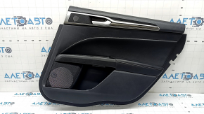 Door trim, rear right Ford Fusion mk5 17-20, black with black leather insert, leather armrest, with gray wood molding, with handle, cracks in molding, worn