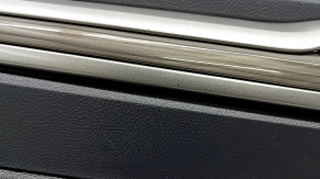Door trim, front left, Ford Fusion mk5 17-20, black with black leather insert, wood molding, leather armrest, memory foam, crack in molding, scratch, worn