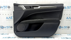Front right door panel for Ford Fusion mk5 17-20, black with black leather insert, wood molding, leather armrest, dent, crack in molding
