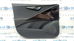 Black front left door panel for Kia Niro 23-26, black fabric armrest, glossy black insert, chrome molding, chrome trim, scratches