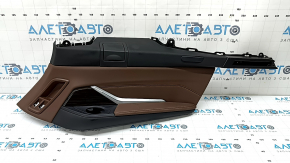 BMW X7 G07 19-22 Black leather rear right arch trim, wood insert with molding, brown Coffee leather armrest, melted armrest, broken mount, bumps, worn molding
