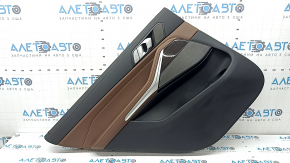 Door trim, rear left, BMW X7 G07 19-22, under the curtain, black Schwarz leather, wood insert, with a handle, with a Harman Kardon speaker grille, armrest and insert, brown coffee leather, scratches, needs cleaning