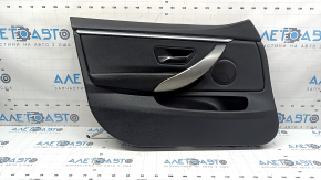 Front left door panel for BMW 4 Series F36 15-20 Gran Coupe, with backlighting, black leather, wood trim, peeling handle cover, broken mount, scratches, dents, needs cleaning