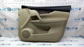 Front right door panel for Nissan Rogue 17-20, beige with black leather insert, beige leather armrest, with overlay, worn, ready for dry cleaning