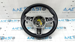 The steering wheel is bare, Porsche Cayenne 19-23, black leather, heated, with buttons, paddles, and a control unit, scratches.