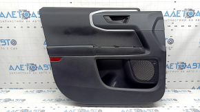 Black front left door panel for a 2021-2026 Ford Bronco Sport with handle, gray molding, black leather armrest, plastic insert, scratches