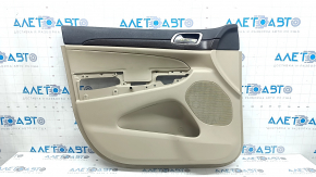 Beige front left door panel for Jeep Grand Cherokee WK2 14-17, with beige leather insert, without armrest, wood-like molding, with handle, dents, scratches, whitened plastic